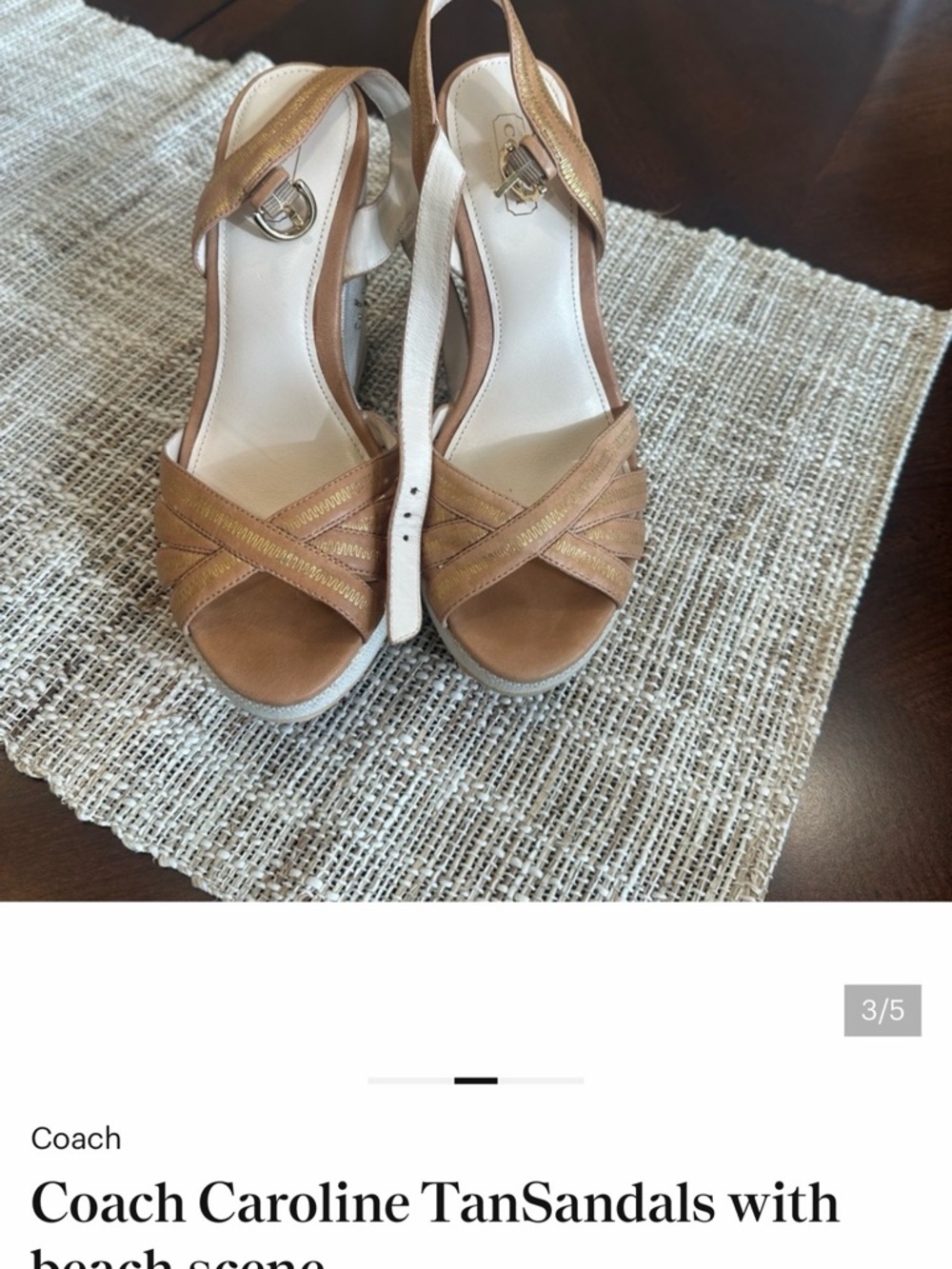 Coach Tan Leather Embroidered Wedge Sandals with Multicolor Heel - Picture 5 of 5